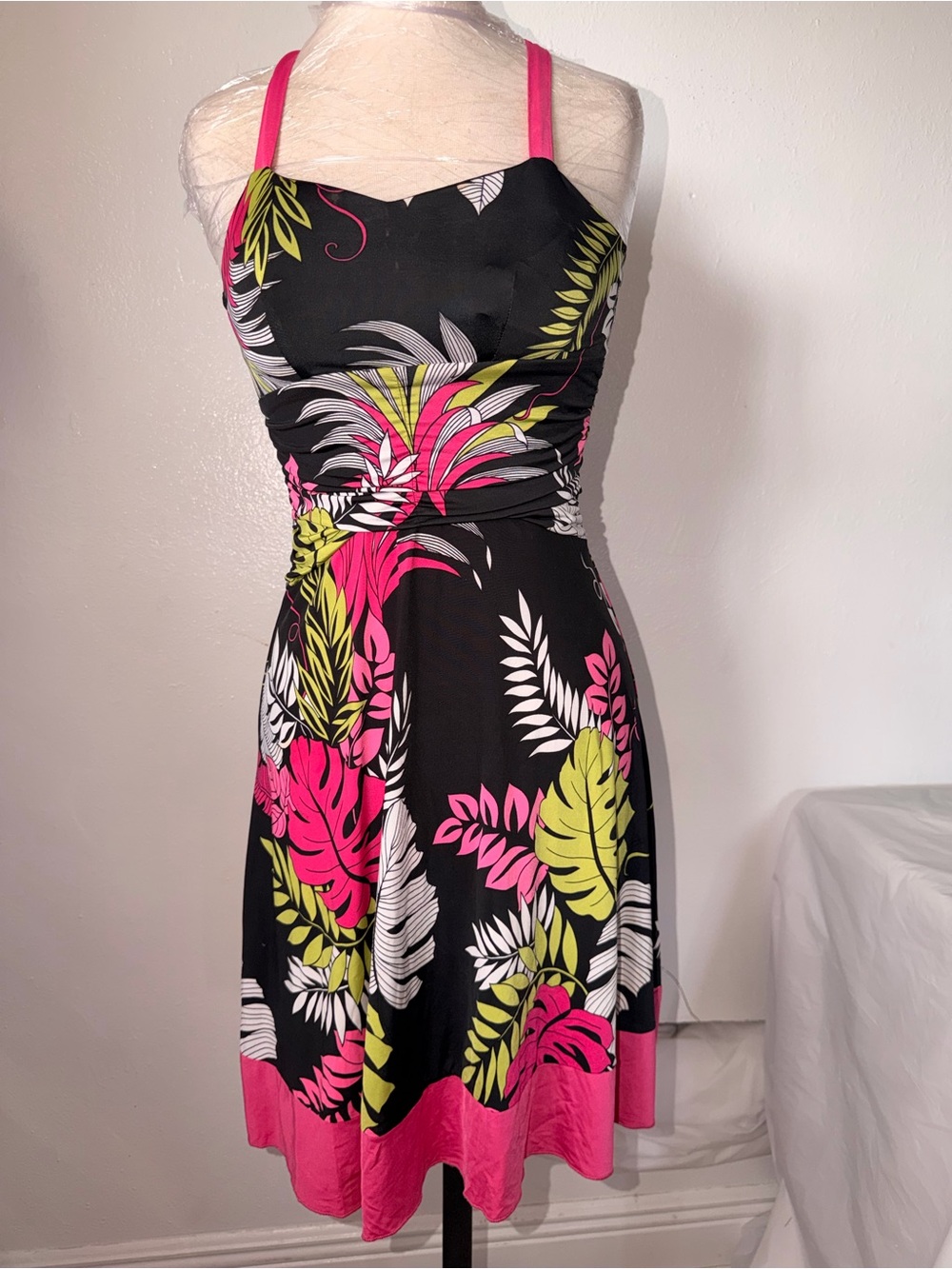 Black Tropical Midi Dress with Pink & Lime Leaf Print